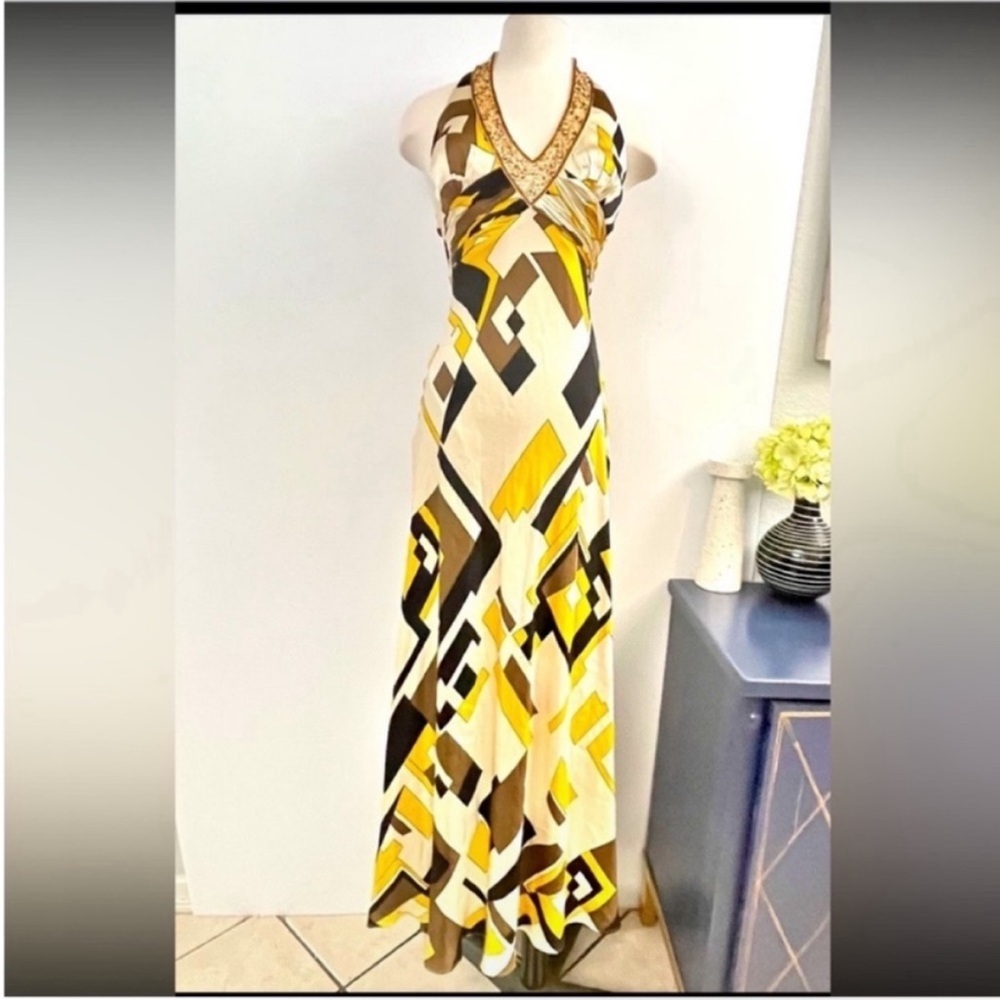 Nina Austin Empire Waist Geometric Halter Maxi Dress in Yellow and Brown Sz XS